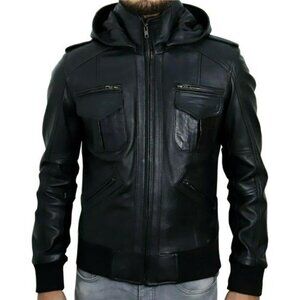 Premium Lambskin Leather Jacket Men Black Hood